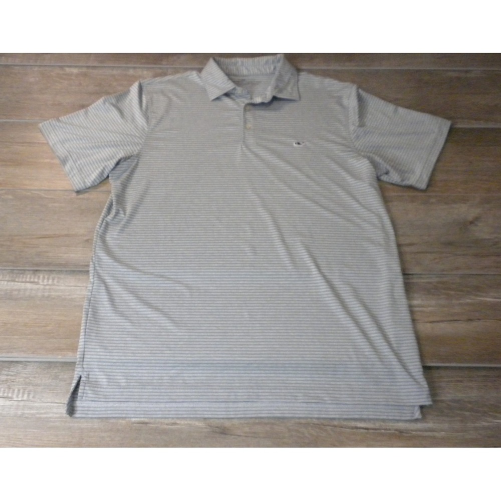 Vineyard Vines Polo Shirt L Gray On The Go Sankaty OTG Performance Stripe Whale